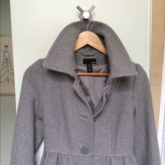 H&M Wool blend Faux Fur Collar Grey Princess Baby Doll Fit and Flare Coat - Picture 6 of 11